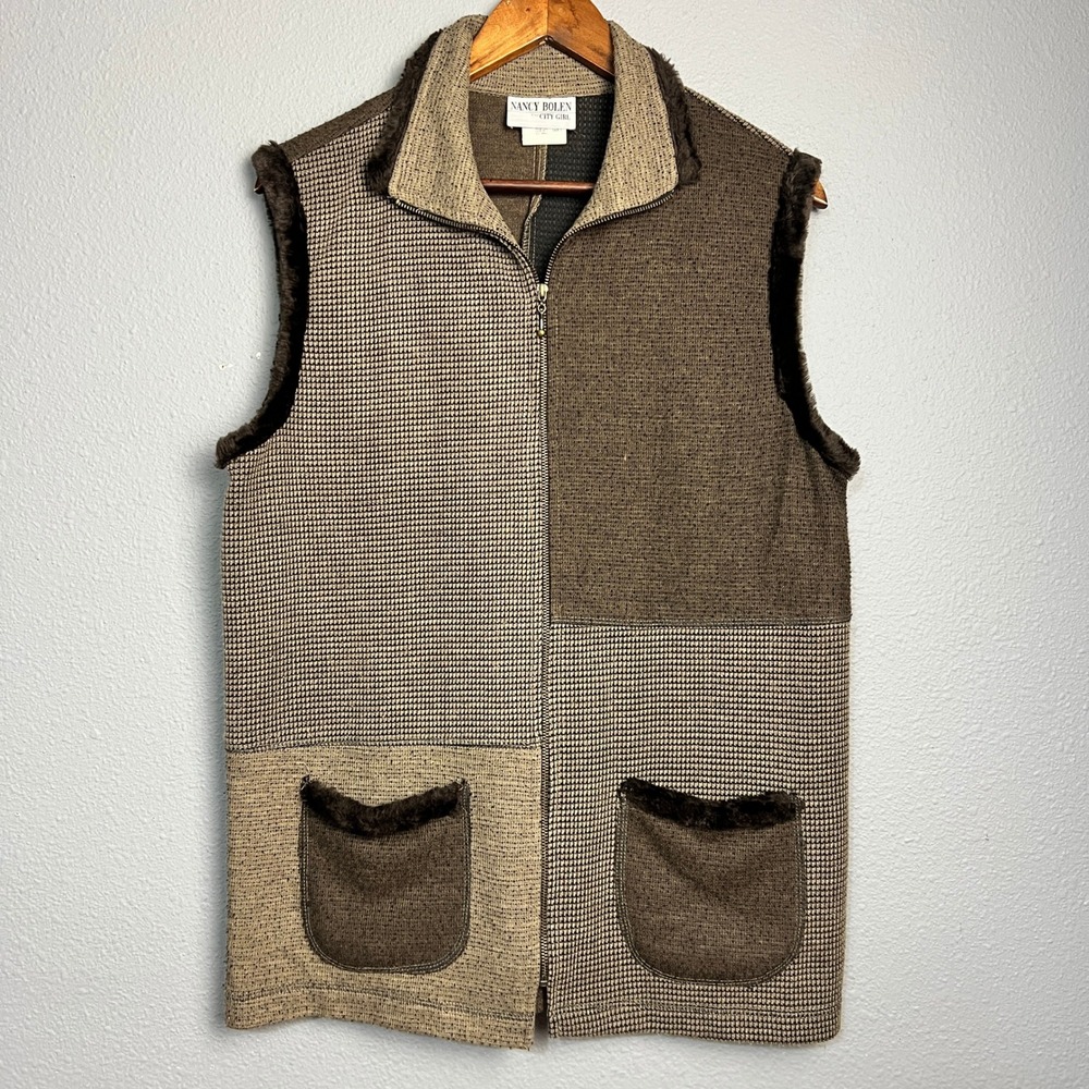 Nancy Bolen for City Girl Vest S Patchwork Tweed Faux Fur Trim Retro Cottagecore